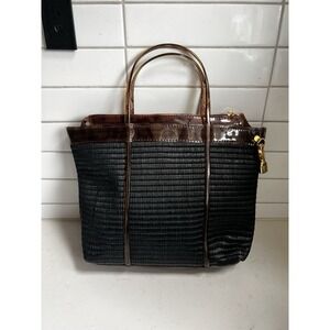 PAOLA DEL LUNGO woven straw with leopard / snake print tortoise plastic bag